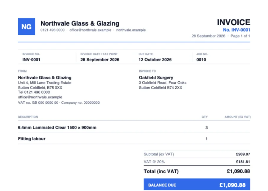 An invoice PDF with totals and balance due
